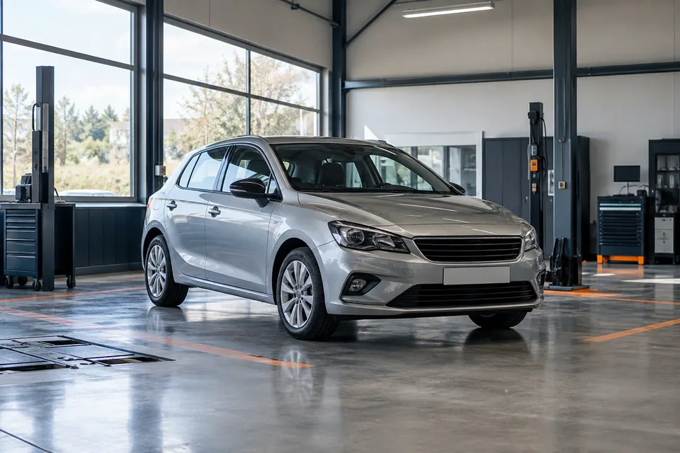 Voiture grise dans un atelier de contrôle automobile