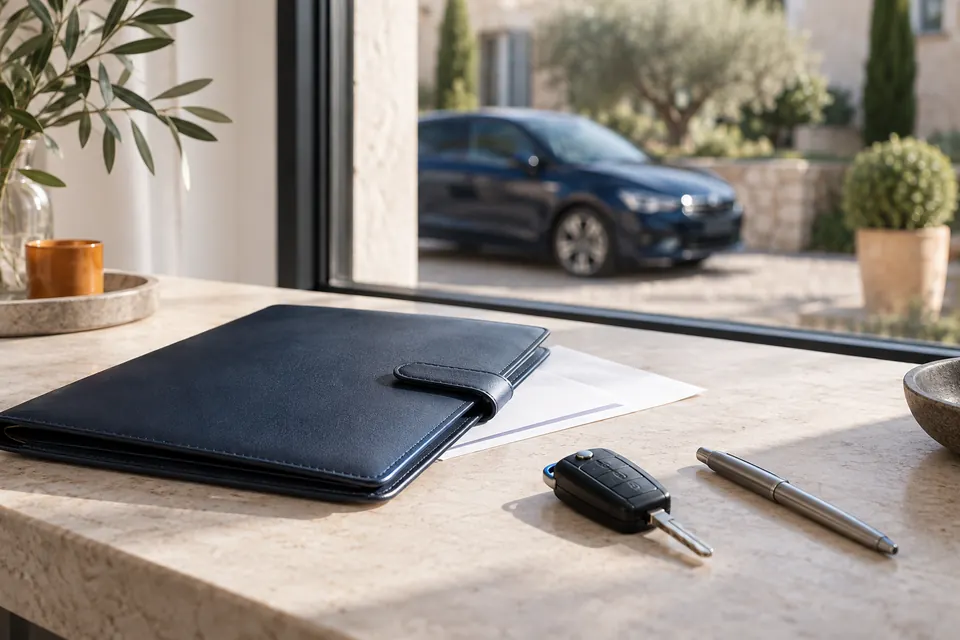 Porte-documents bleu nuit, clé de voiture et stylo sur un bureau