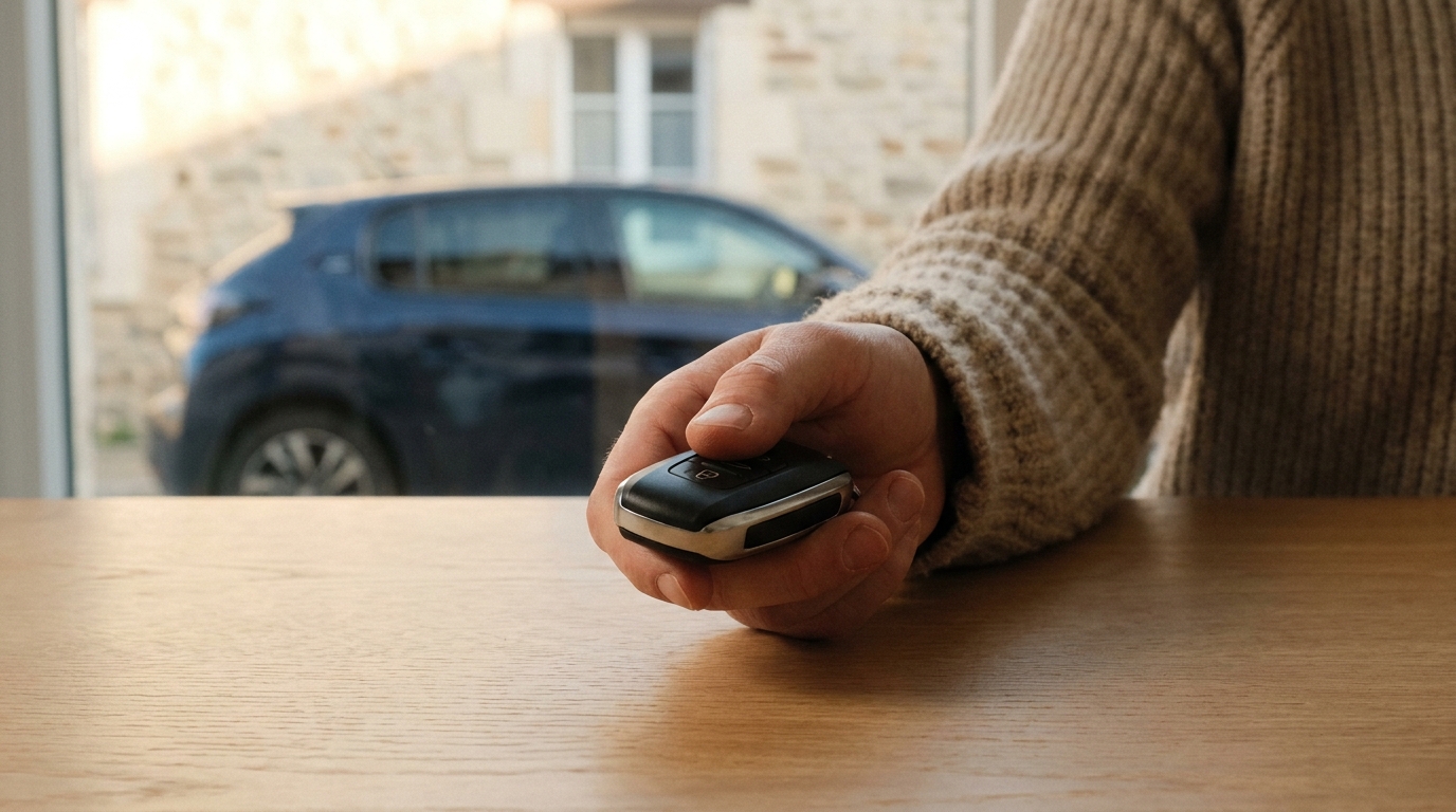 Main qui tend une clé de voiture, prêt de véhicule entre proches